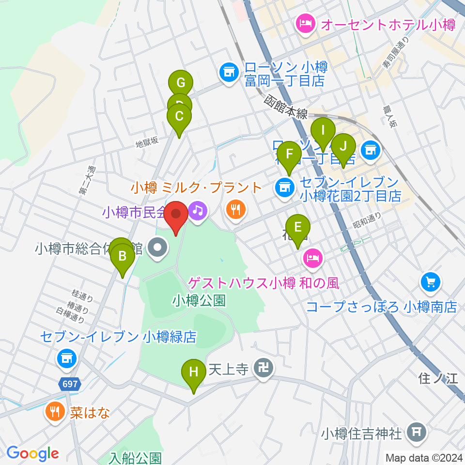 小樽市公会堂周辺のカフェ一覧地図