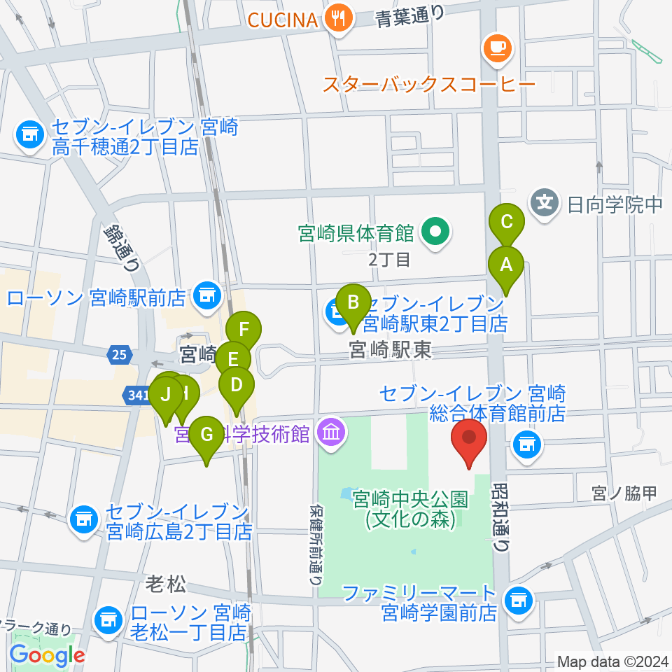 宮崎市立総合体育館周辺のカフェ一覧地図