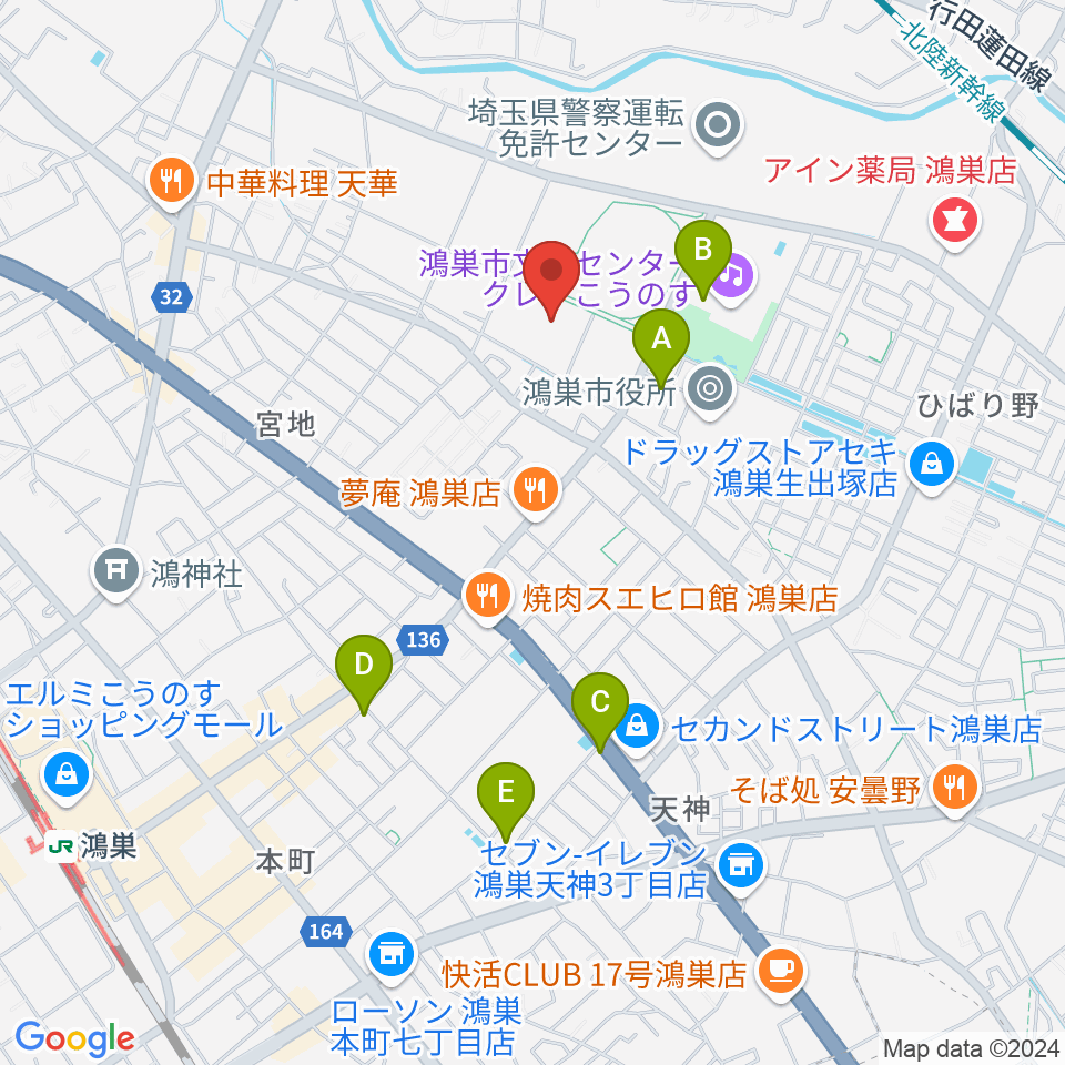 鴻巣市総合体育館周辺のカフェ一覧地図