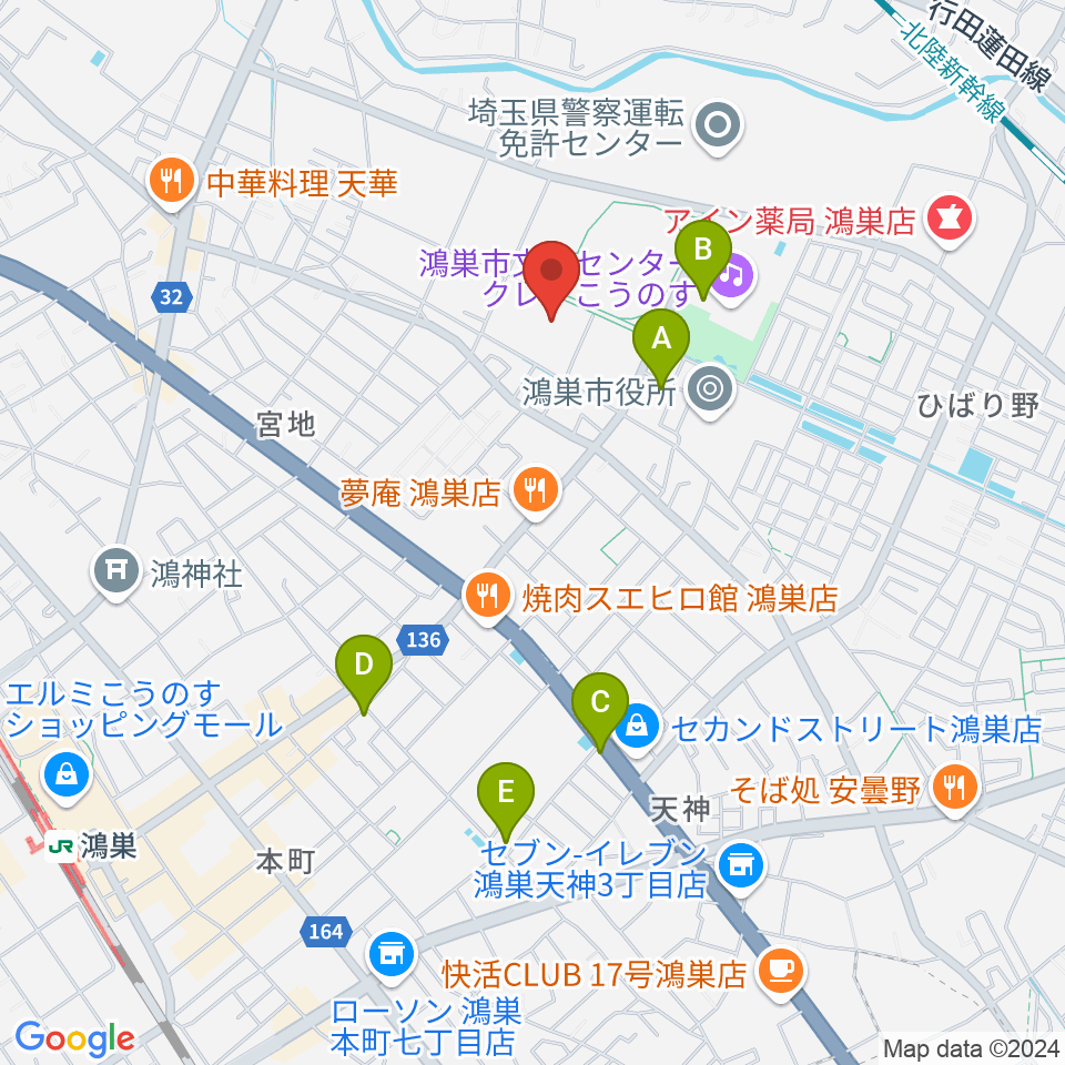 鴻巣市総合体育館周辺のカフェ一覧地図