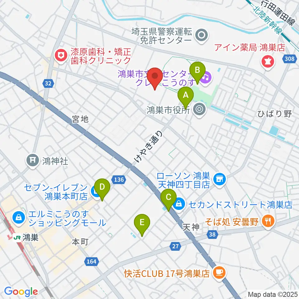鴻巣市総合体育館周辺のカフェ一覧地図