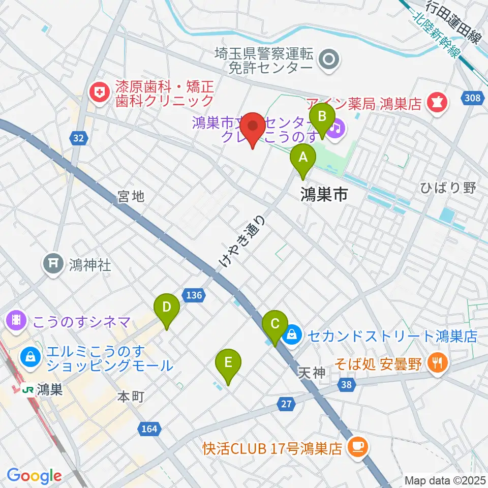 鴻巣市総合体育館周辺のカフェ一覧地図