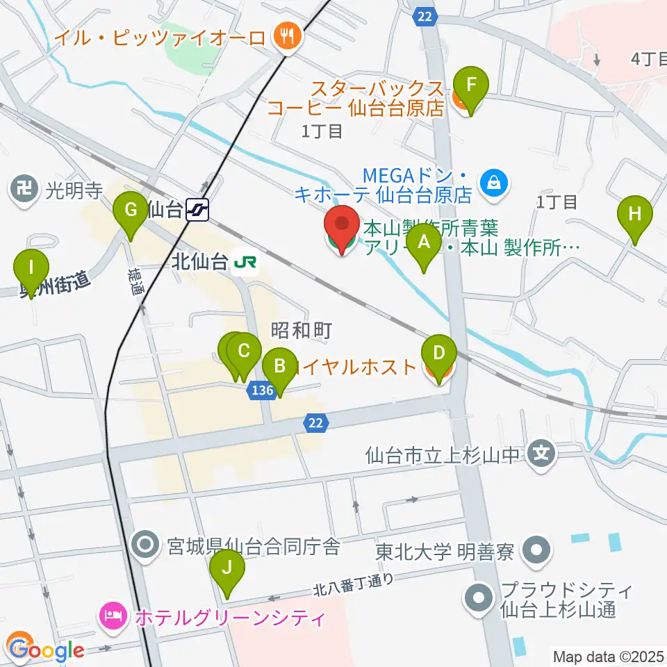 本山製作所青葉アリーナ・仙台市武道館周辺のカフェ一覧地図