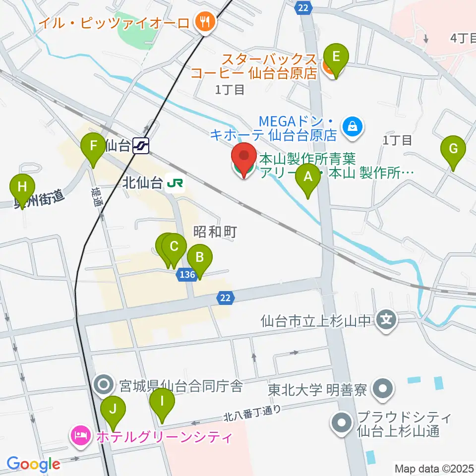 本山製作所青葉アリーナ・仙台市武道館周辺のカフェ一覧地図