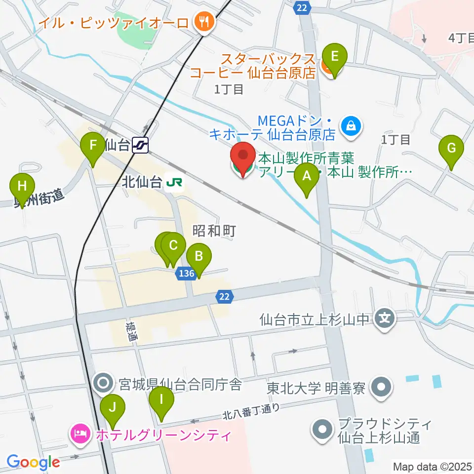 本山製作所青葉アリーナ・仙台市武道館周辺のカフェ一覧地図