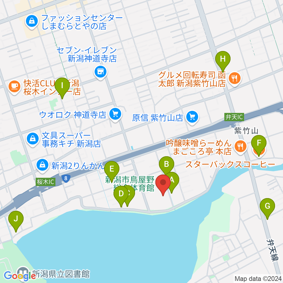 新潟市鳥屋野総合体育館周辺のカフェ一覧地図