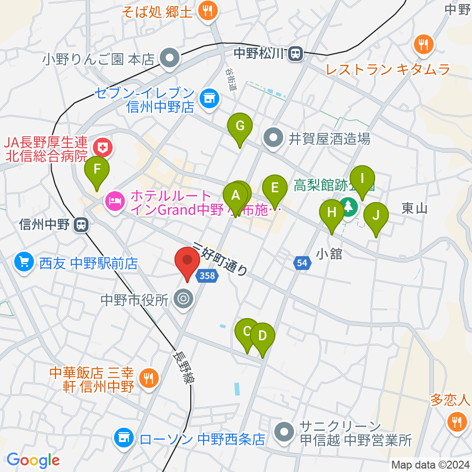 中野市市民会館 ソソラホール周辺のカフェ一覧地図