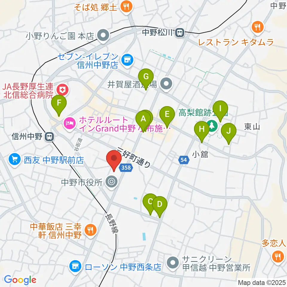 中野市市民会館 ソソラホール周辺のカフェ一覧地図