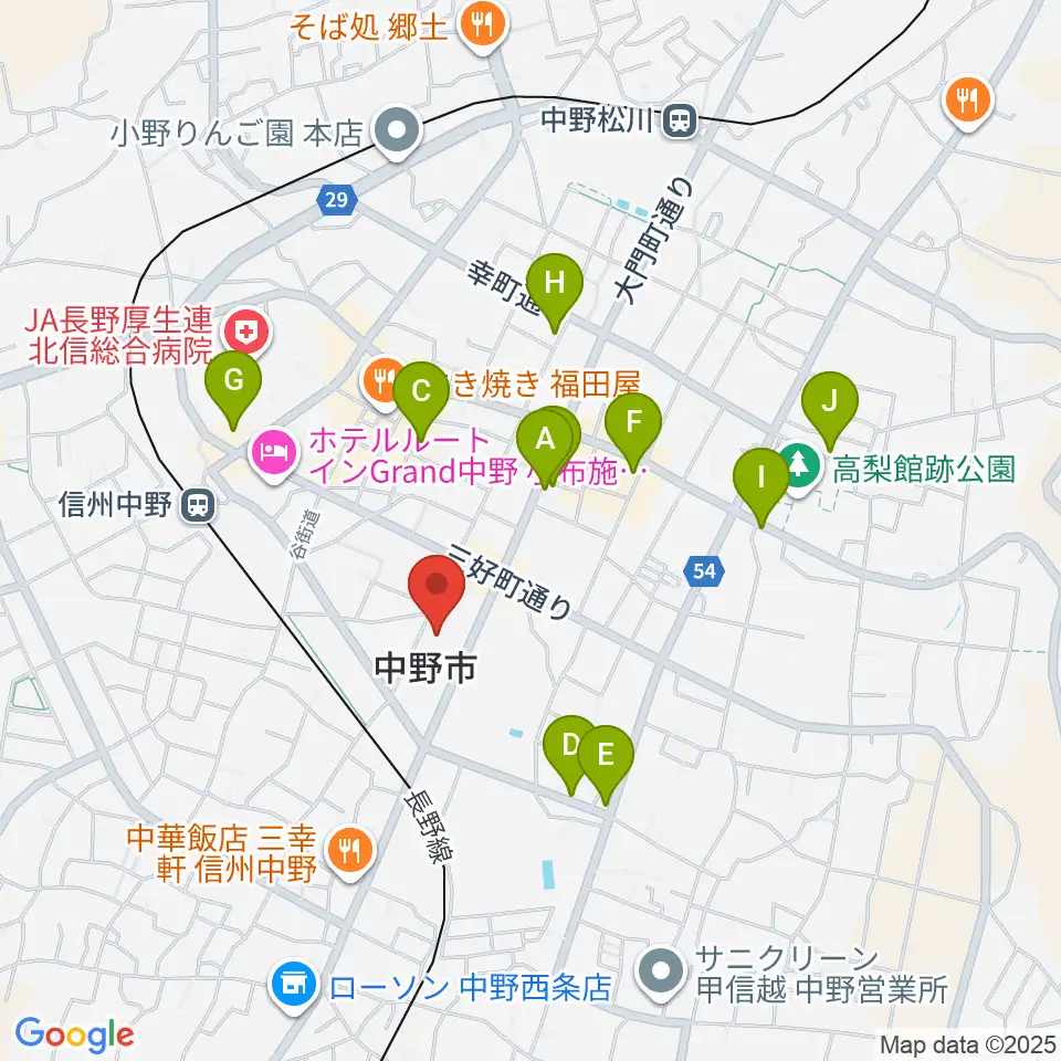 中野市市民会館 ソソラホール周辺のカフェ一覧地図