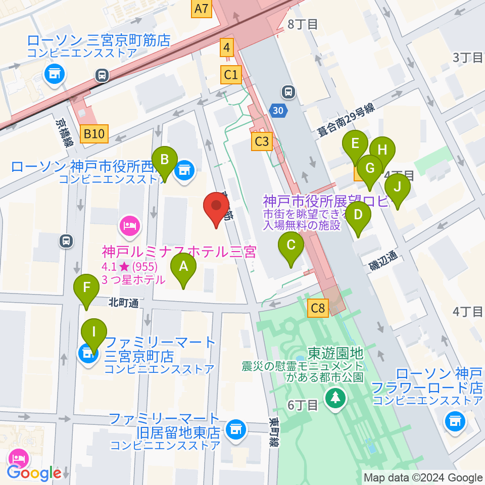 神戸市立中央区文化センター周辺のカフェ一覧地図