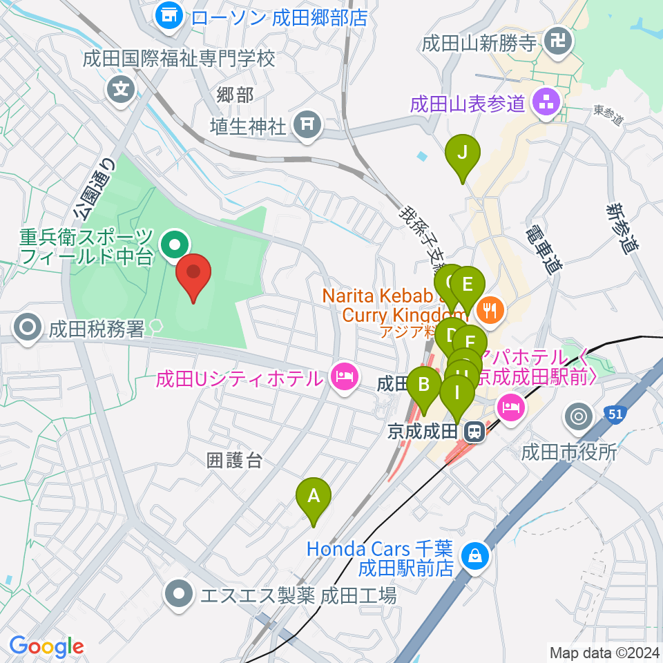 重兵衛スポーツフィールド中台陸上競技場周辺のカフェ一覧地図