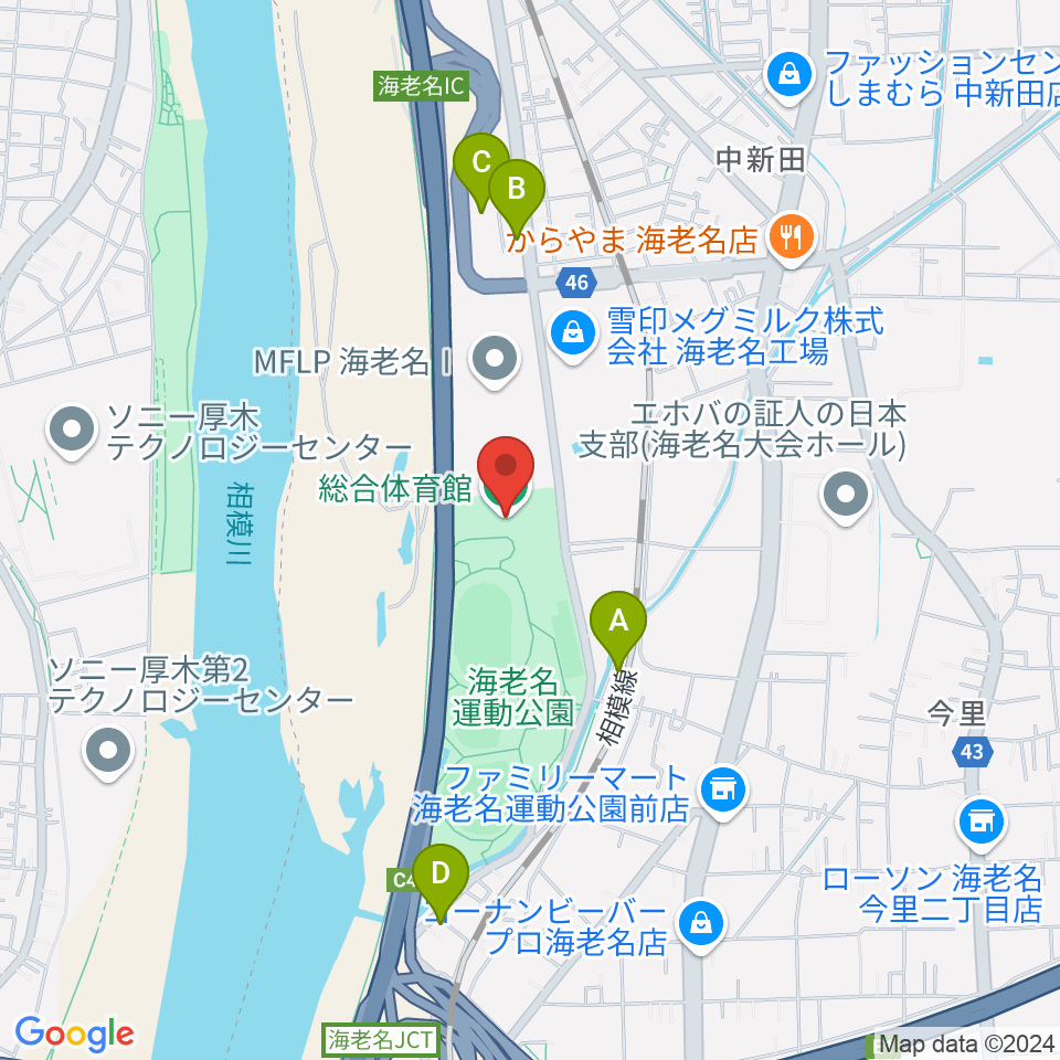 海老名運動公園総合体育館周辺のカフェ一覧地図