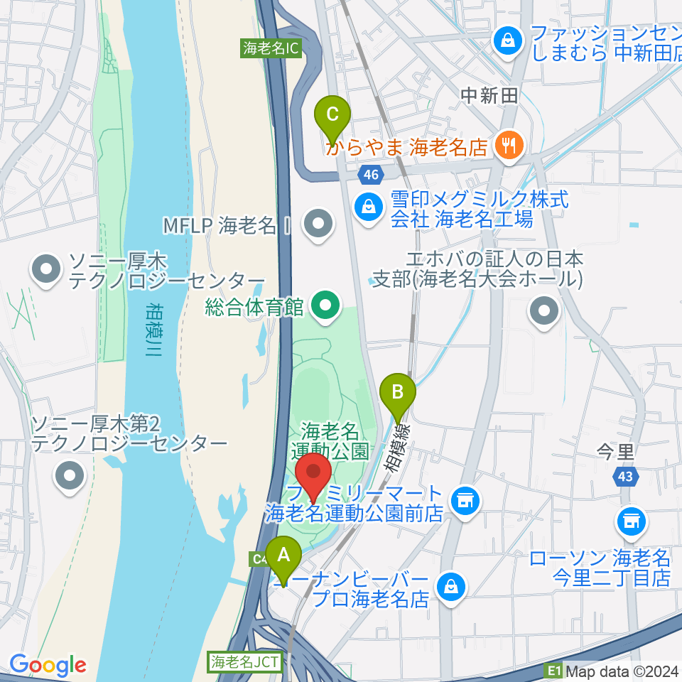 海老名運動公園野球場周辺のカフェ一覧地図