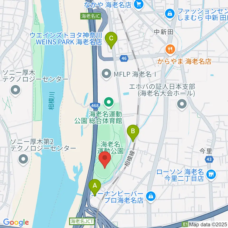 海老名運動公園野球場周辺のカフェ一覧地図