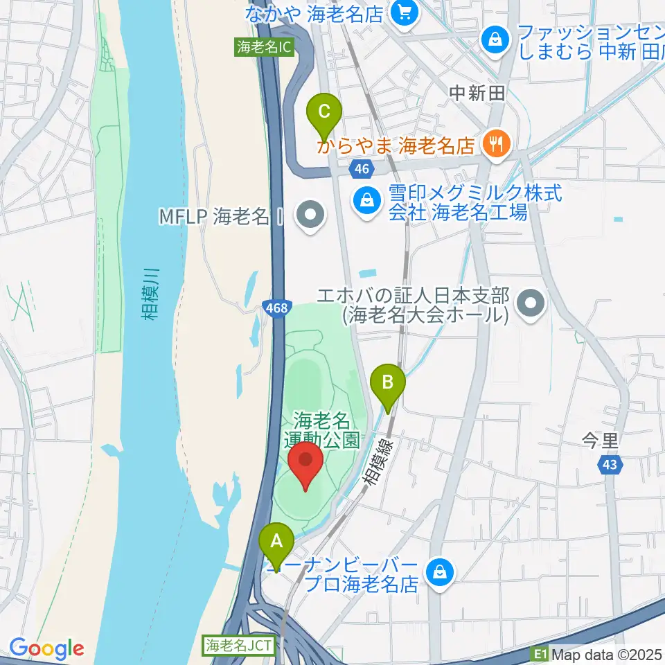 海老名運動公園野球場周辺のカフェ一覧地図