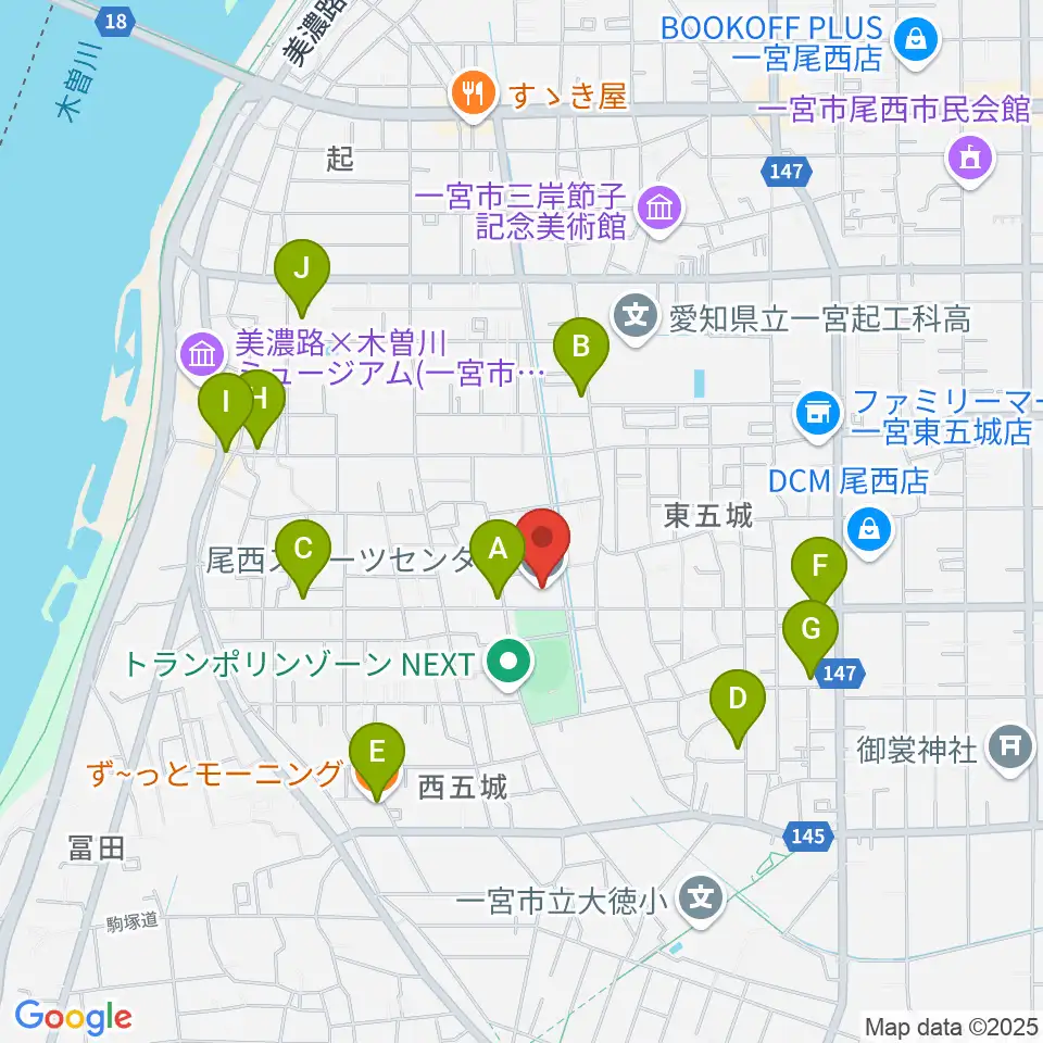 尾西スポーツセンター周辺のカフェ一覧地図