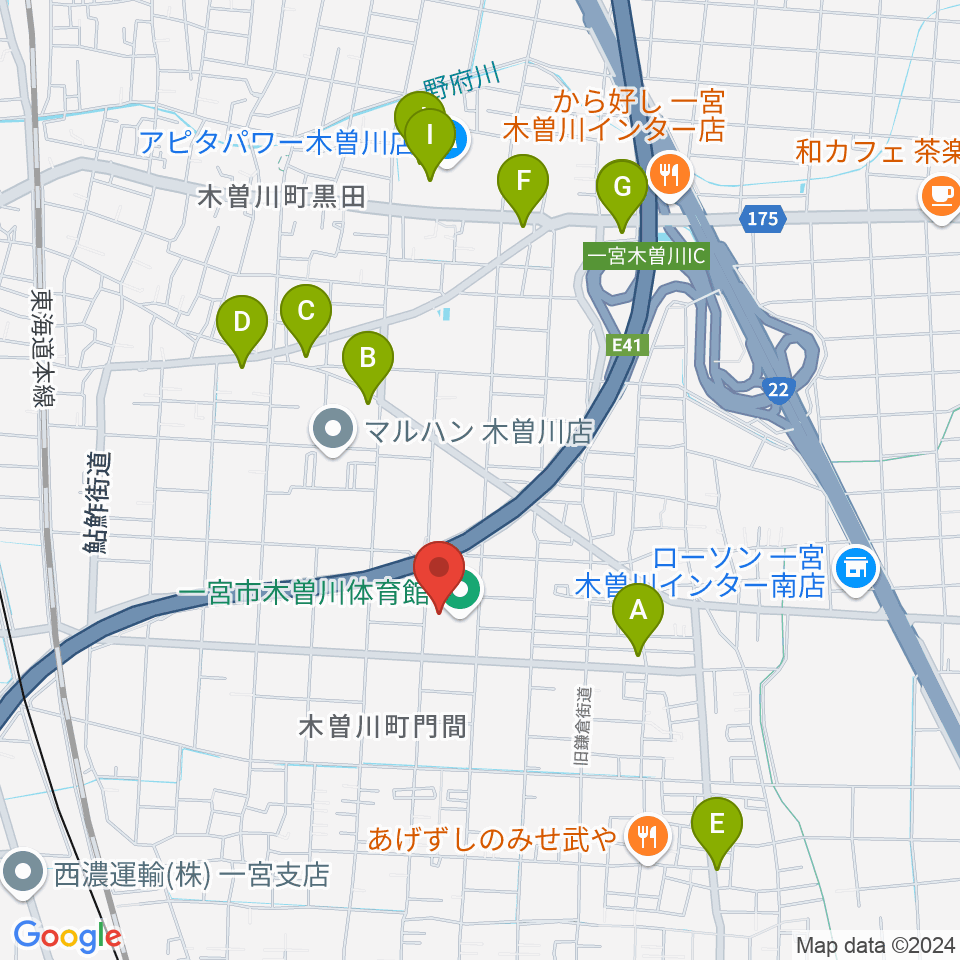 木曽川体育館周辺のカフェ一覧地図