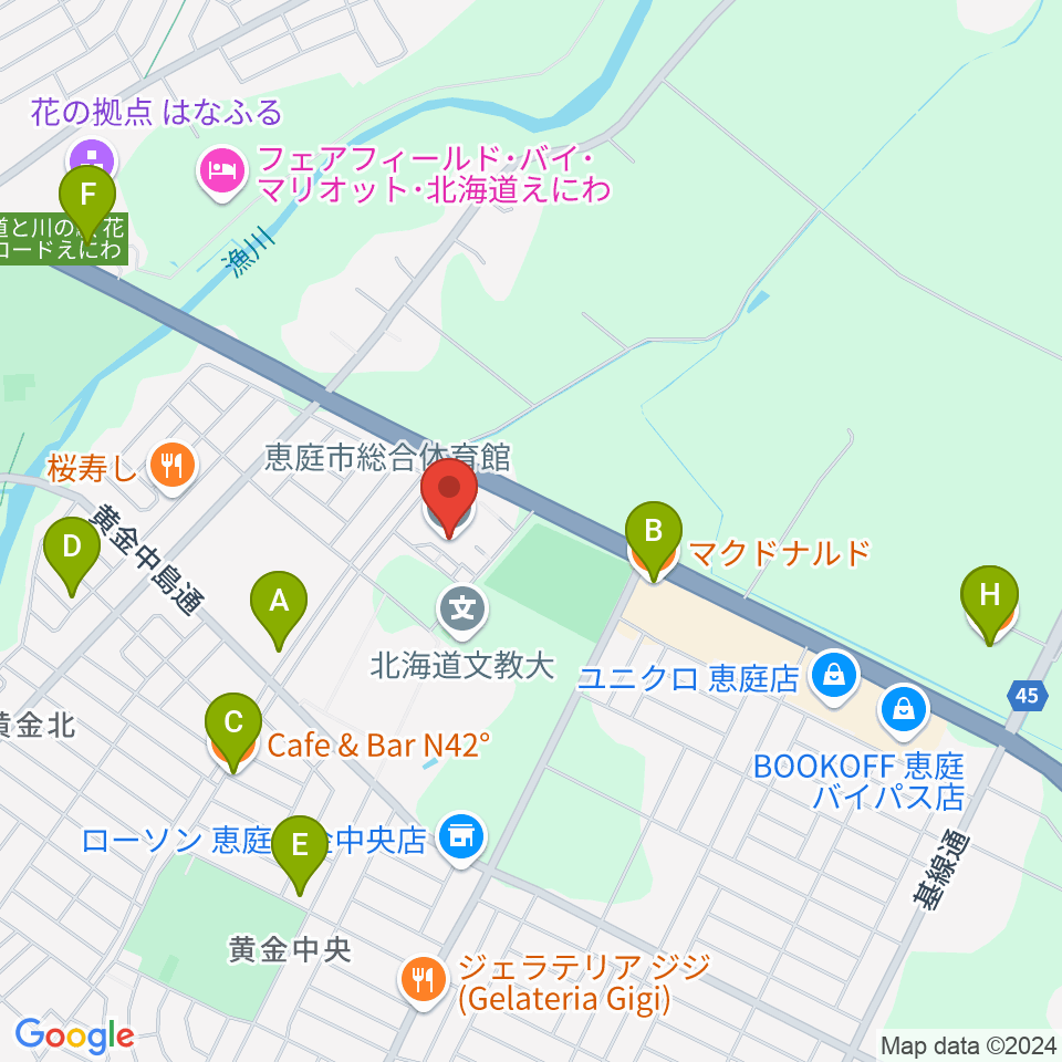 恵庭市総合体育館周辺のカフェ一覧地図