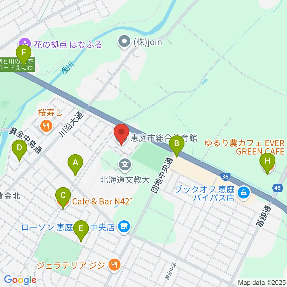 恵庭市総合体育館周辺のカフェ一覧地図