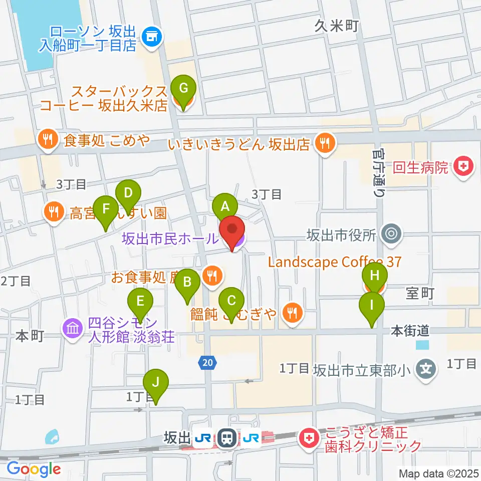 坂出市民ホール周辺のカフェ一覧地図