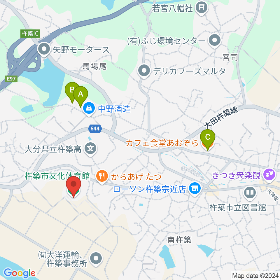 杵築市文化体育館周辺のカフェ一覧地図