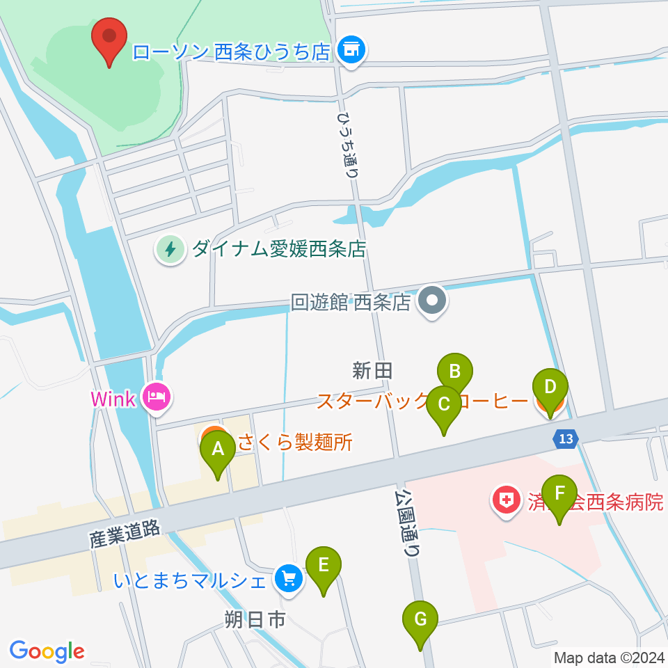  西条市ひうち陸上競技場周辺のカフェ一覧地図