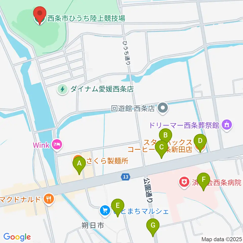  西条市ひうち陸上競技場周辺のカフェ一覧地図