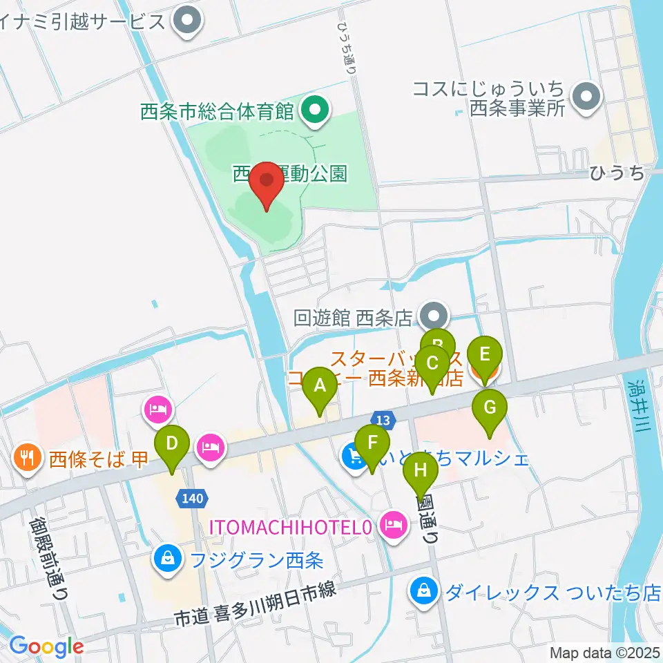  西条市ひうち陸上競技場周辺のカフェ一覧地図
