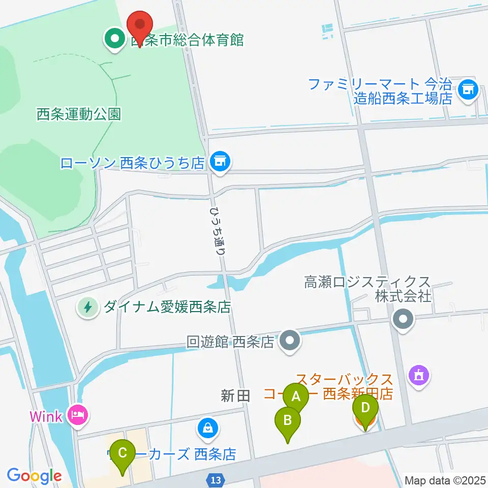 西条市ひうち体育館周辺のカフェ一覧地図