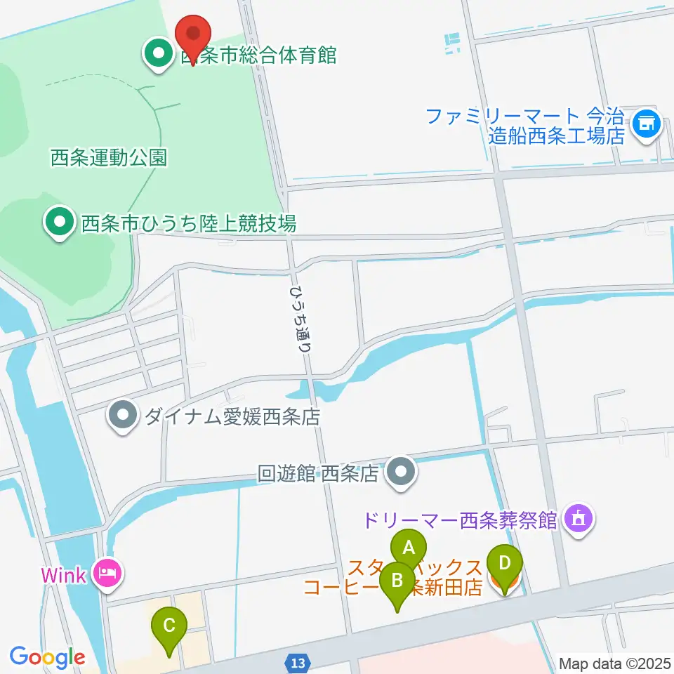 西条市ひうち体育館周辺のカフェ一覧地図