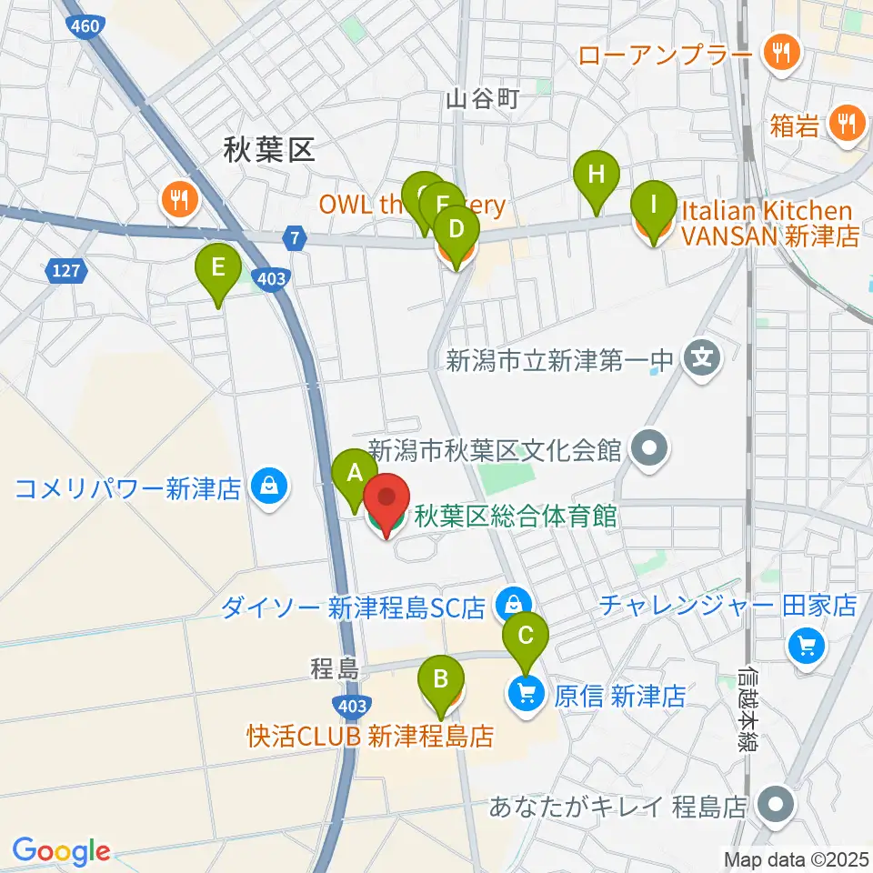 新潟市秋葉区総合体育館周辺のカフェ一覧地図