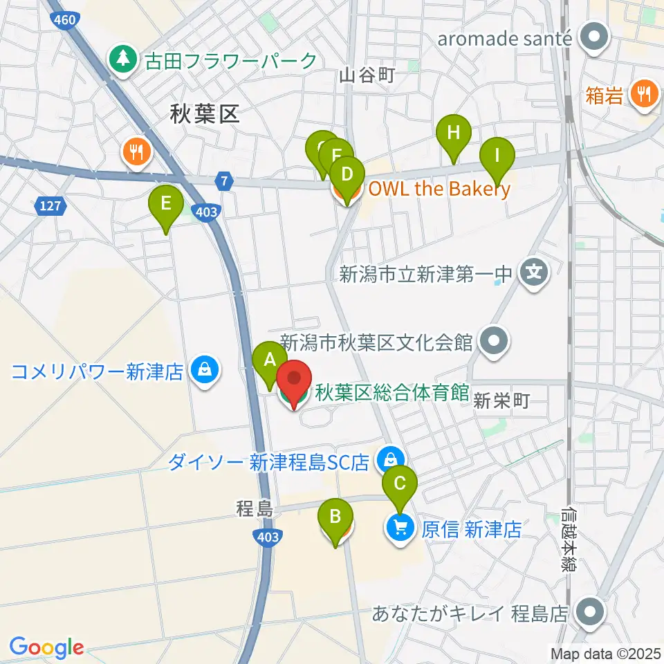 新潟市秋葉区総合体育館周辺のカフェ一覧地図
