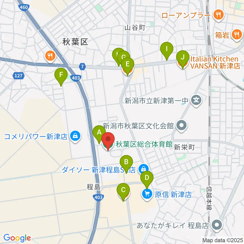 新潟市秋葉区総合体育館周辺のカフェ一覧地図