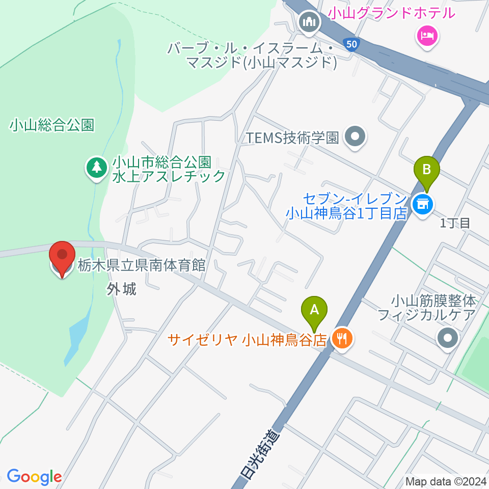 栃木県立県南体育館周辺のカフェ一覧地図