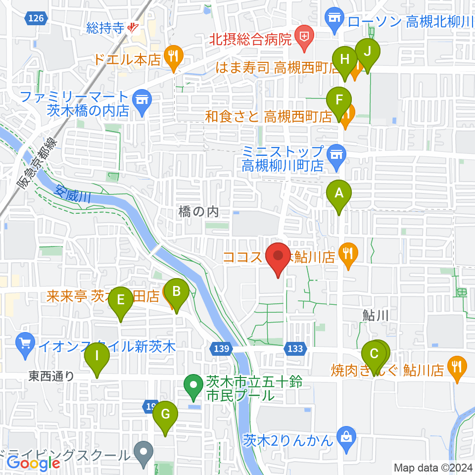 茨木市東市民体育館周辺のカフェ一覧地図