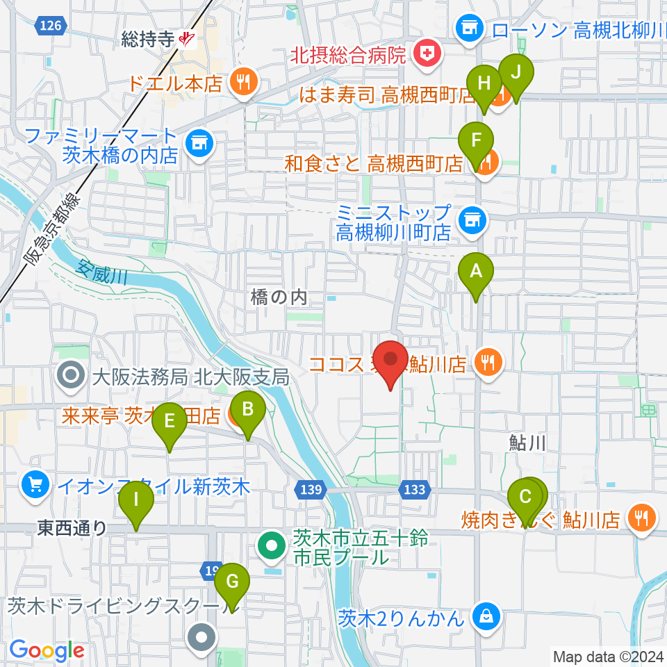 茨木市東市民体育館周辺のカフェ一覧地図