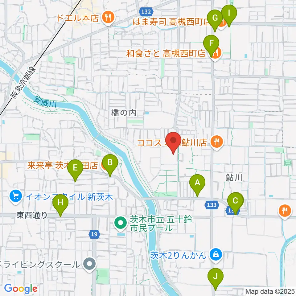 茨木市東市民体育館周辺のカフェ一覧地図