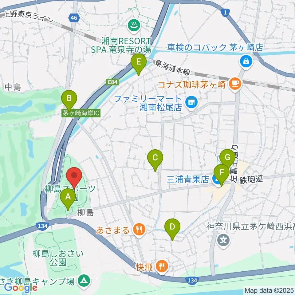 柳島スポーツ公園総合競技場周辺のカフェ一覧地図