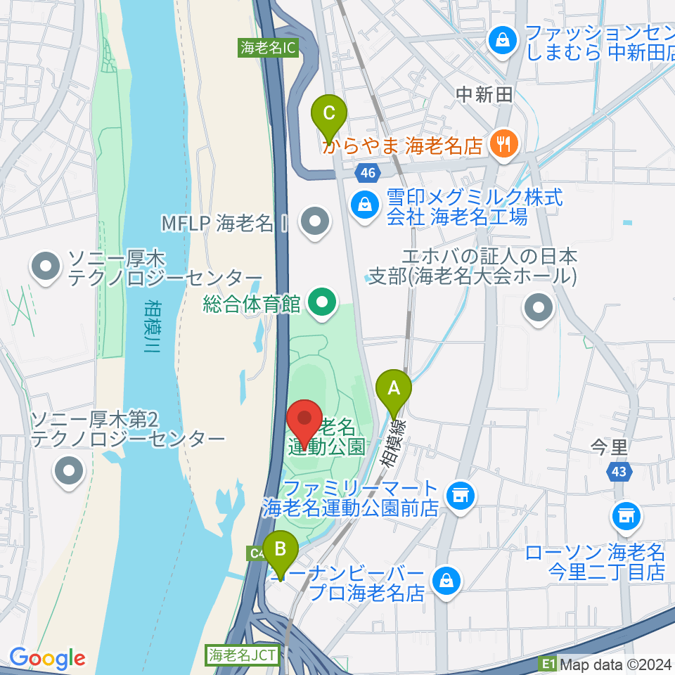 海老名運動公園多目的広場周辺のカフェ一覧地図