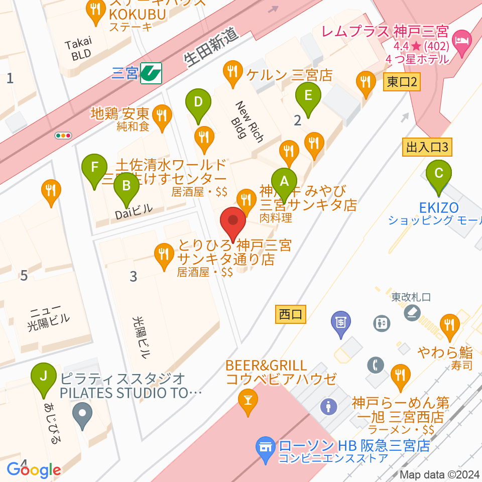 三宮スタジオKZ周辺のカフェ一覧地図