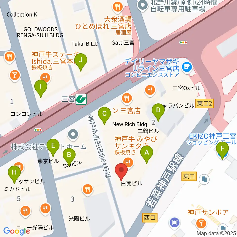三宮スタジオKZ周辺のカフェ一覧地図