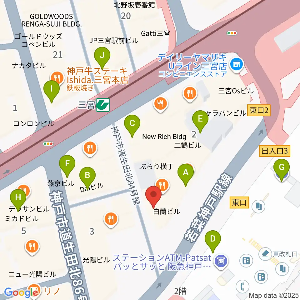 三宮スタジオKZ周辺のカフェ一覧地図