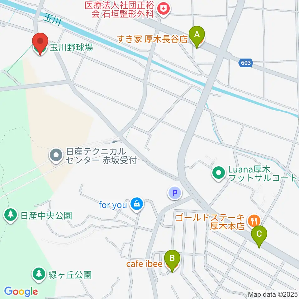厚木市営玉川野球場周辺のカフェ一覧地図