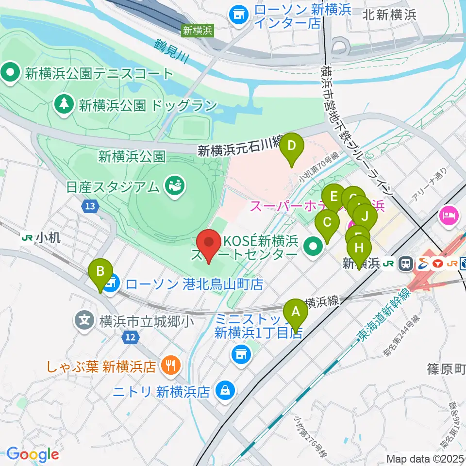 しんよこフットボールパーク周辺のカフェ一覧地図