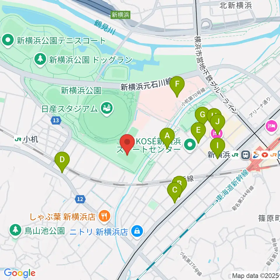 しんよこフットボールパーク周辺のカフェ一覧地図