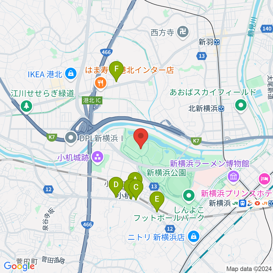  新横浜公園第1運動広場周辺のカフェ一覧地図