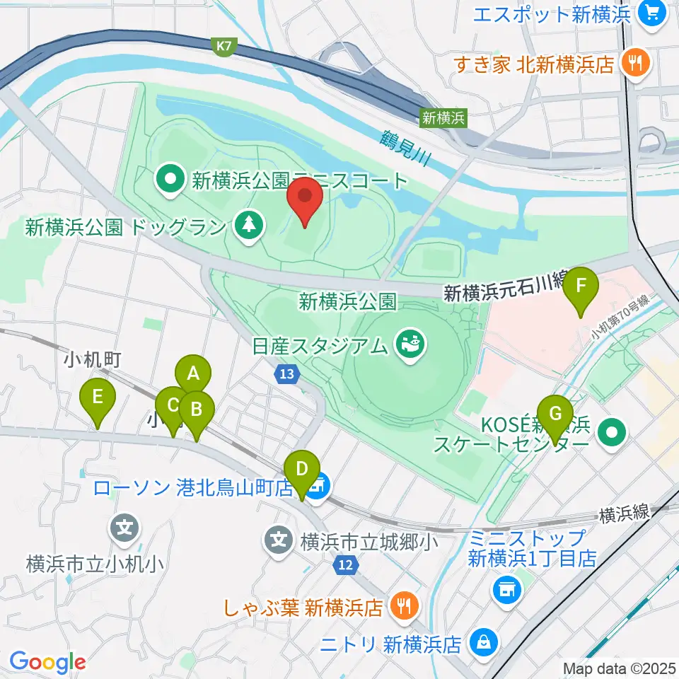 新横浜公園球技場周辺のカフェ一覧地図