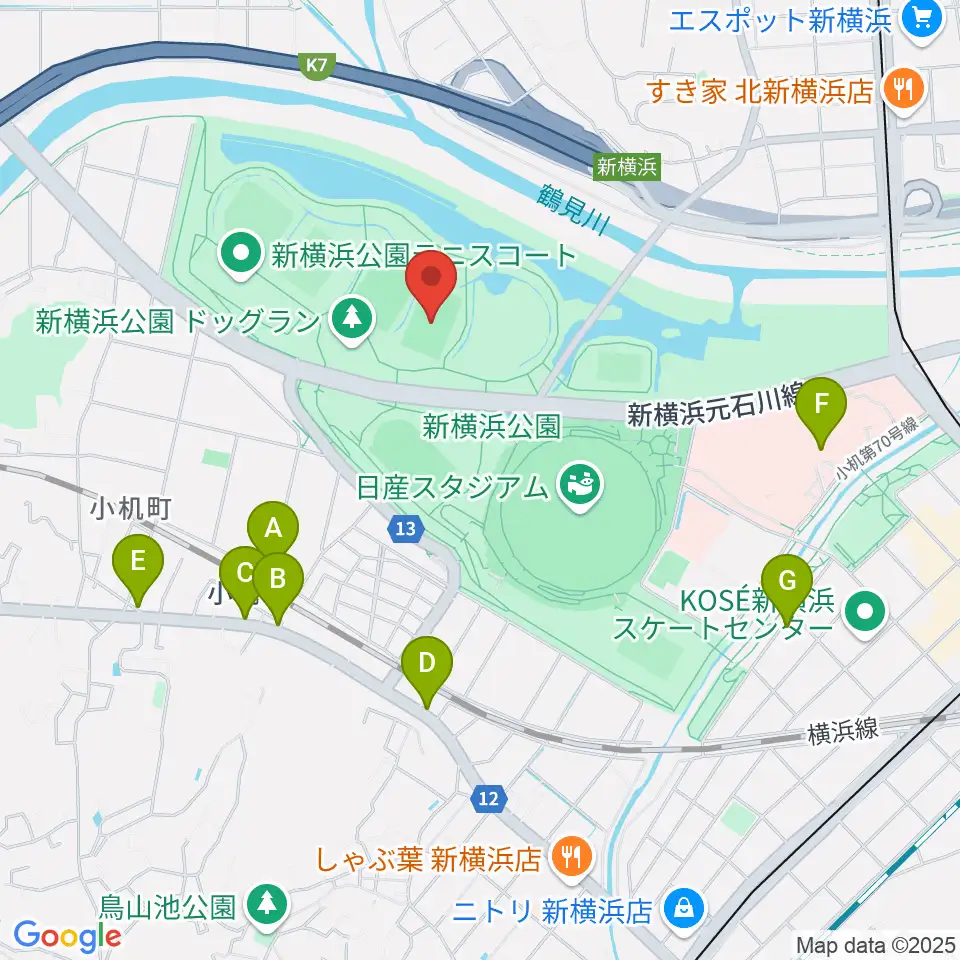 新横浜公園球技場周辺のカフェ一覧地図