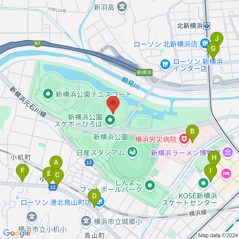 新横浜公園草地広場周辺のカフェ一覧地図