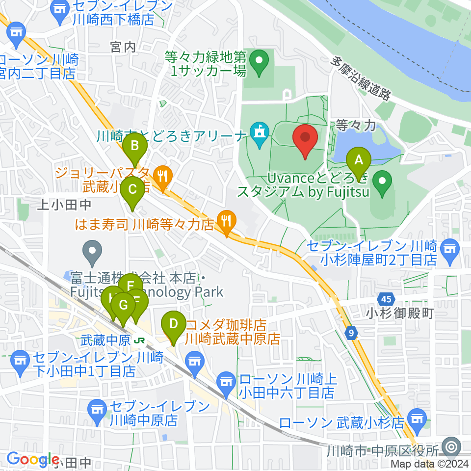 等々力緑地中央グラウンド周辺のカフェ一覧地図